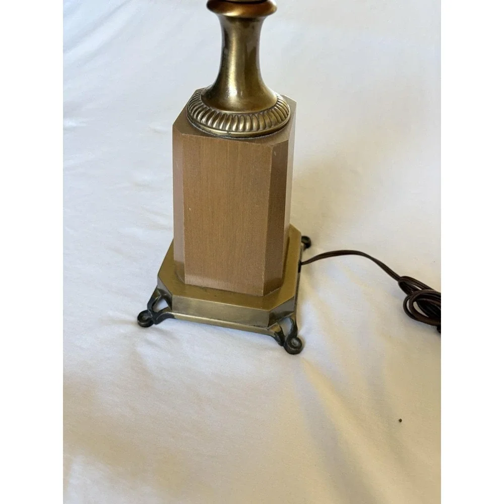 Mid-Century Modern Hollywood Regency Amber Glass Globe Brass Wood Table Lamp 21